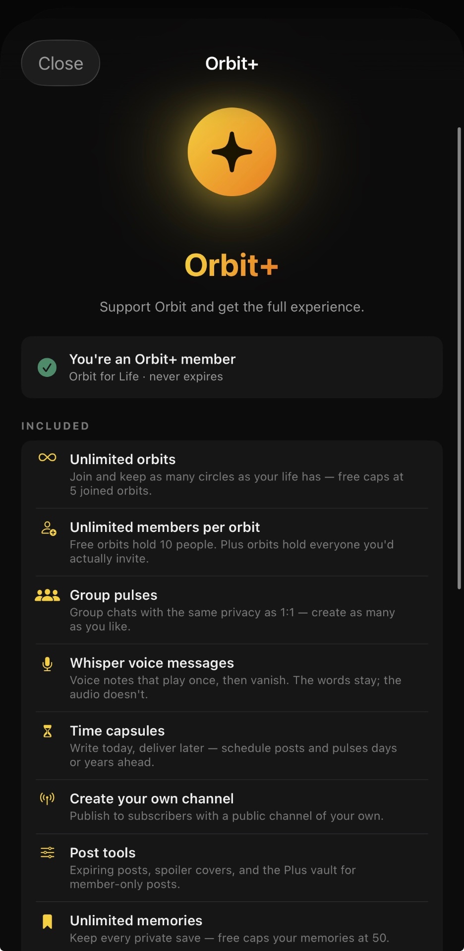 Orbit+ Features screen