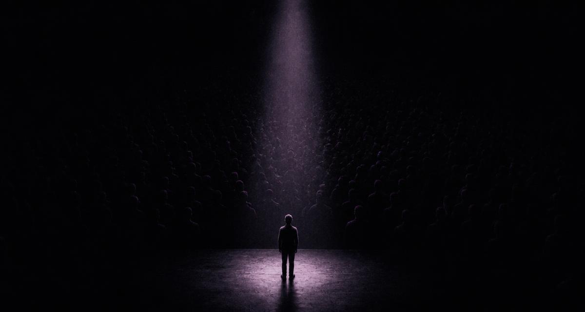 A small lone figure standing in a narrow spotlight on a stage, facing a vast dark crowd of indistinct faces
