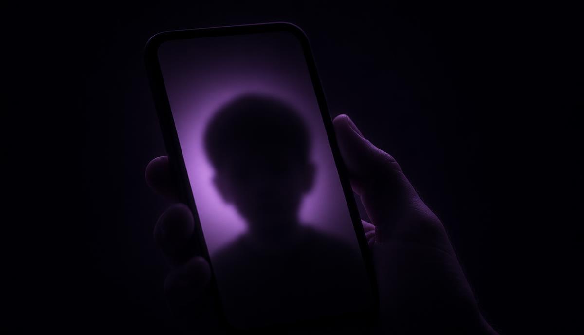 A blurred silhouette of a child's face reflected in a smartphone screen held in one hand