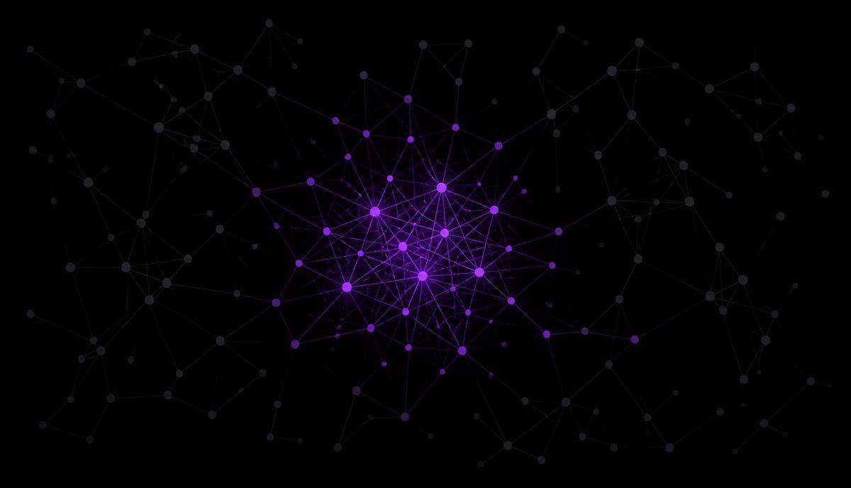 Abstract network of dim gray dots with one central cluster glowing purple